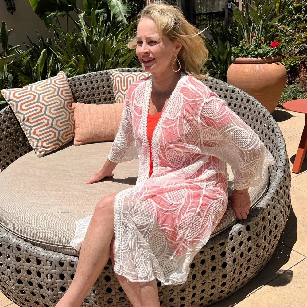 Lace Kimono Swimsuit Coverup Off White Embroidery Mesh